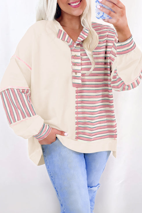 Colorblock Striped Patchwork Henley Pullover Top Exposed-Seam Drop-Shoulder